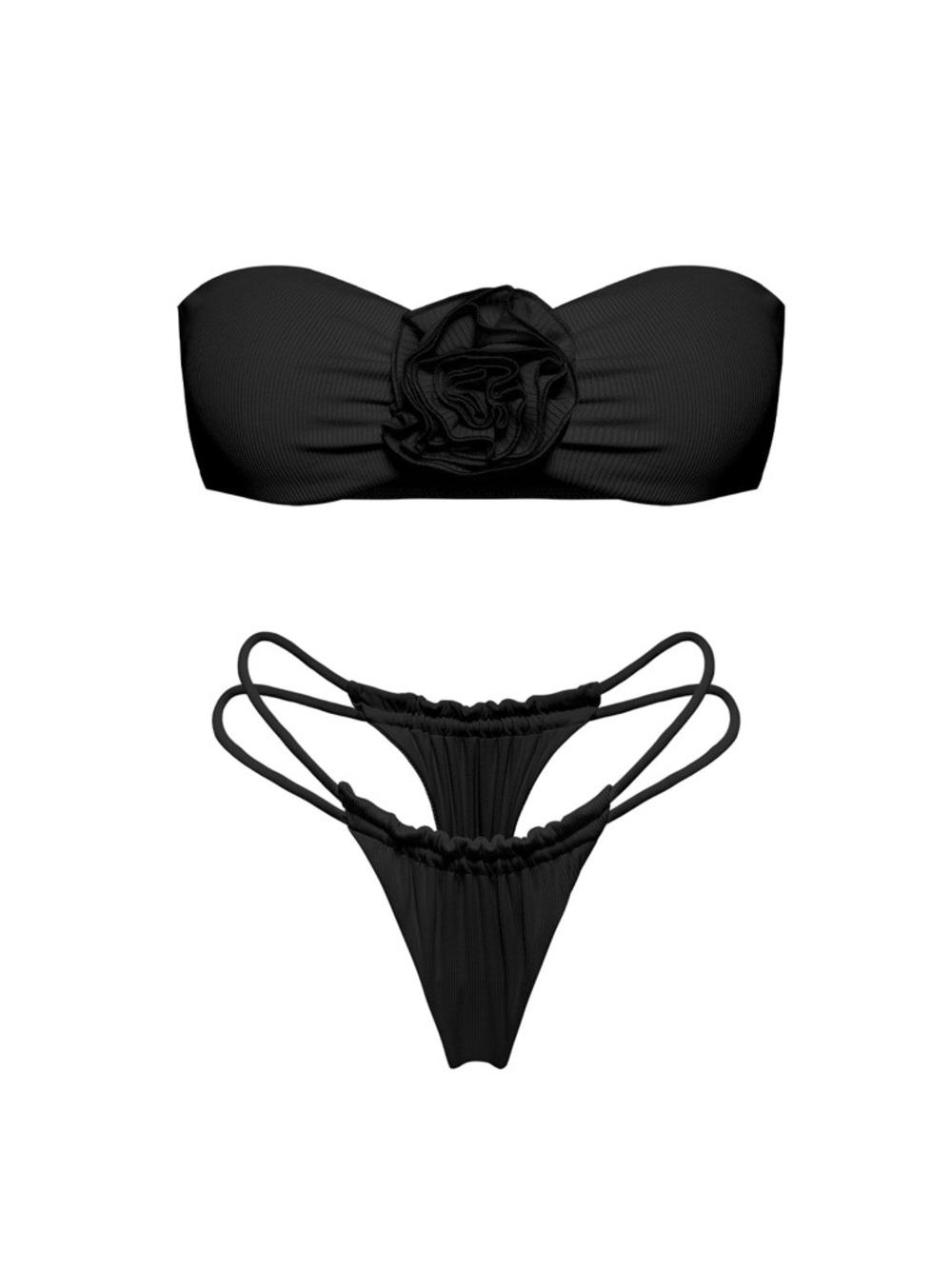 Black Bandeau Bikini Set with Rose Accent - Women Swim